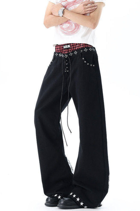 Rock Typography Stud Double Waist Jeans