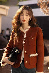 Retro Lace Splicing Wool Christmas Outerwear