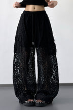 White Lace Cutout Casual Wide Leg Pants