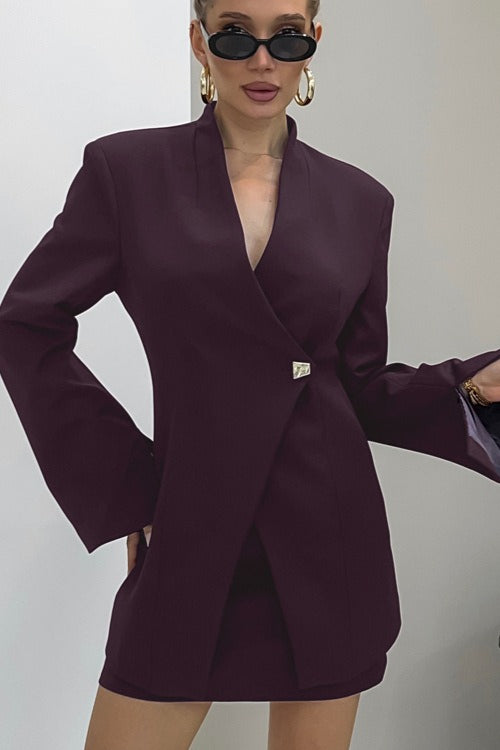 V Neck Long Sleeve Fitted Two Piece Blazer Skirt Set Main image