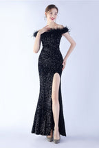 Velvet Sequin Ostrich Feather Off Shoulder Formal Dress