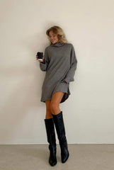 Solid Knit Pullover Sweater Dress S / Grey