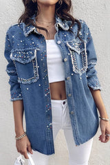 Beaded Contrast Denim Long Sleeve Coat coats