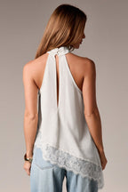 Lace Trim Asymmetric Hem Halter Top