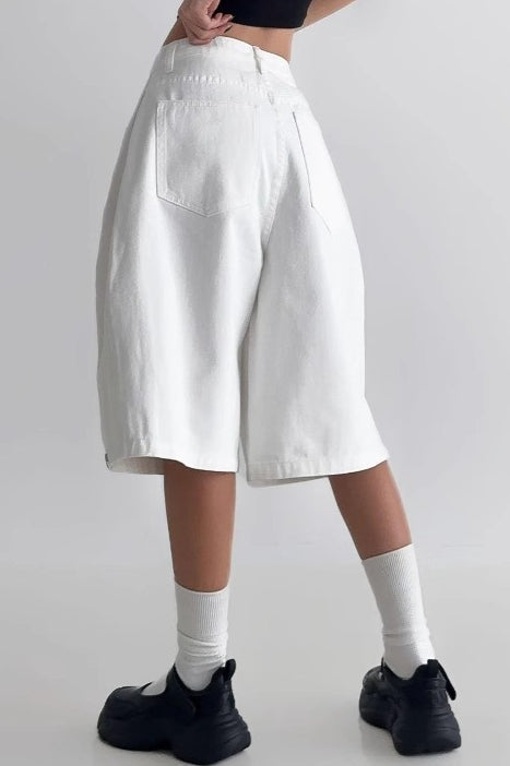 White High Waist Minimalist Wide Leg Denim Shorts Secondary image