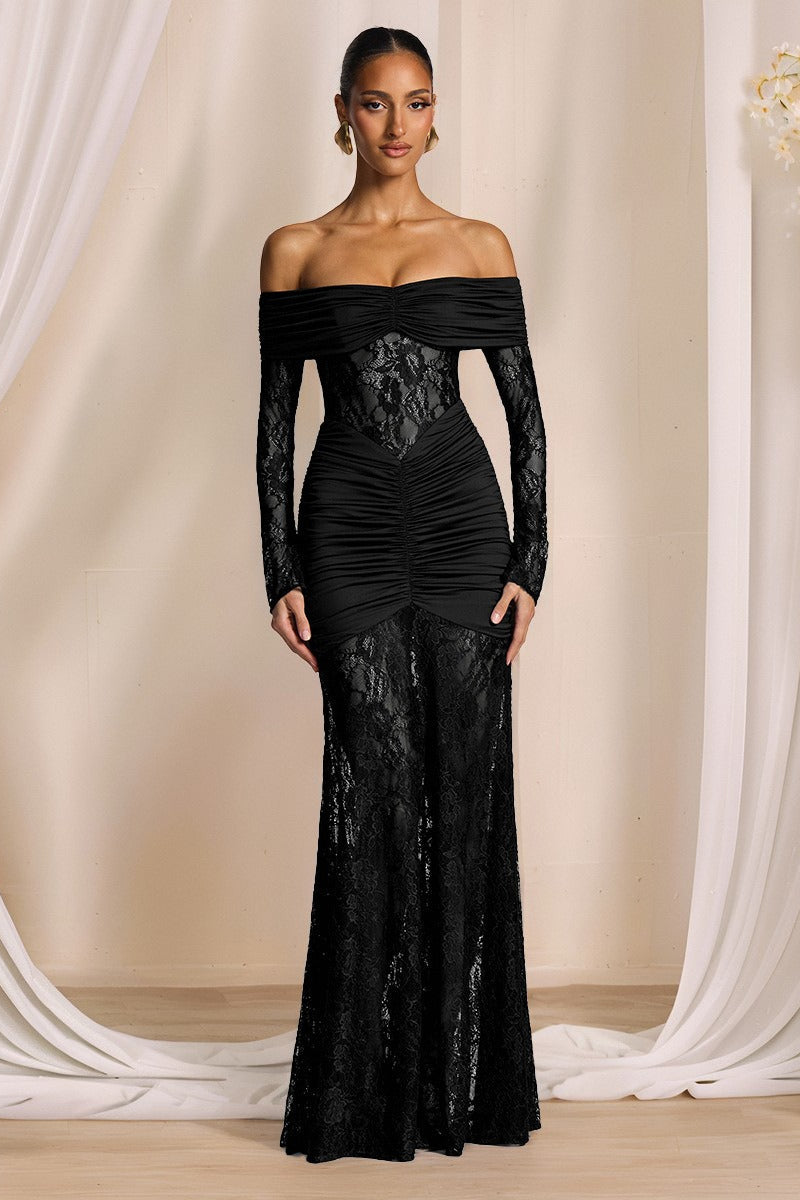 Elegant Lace Off Shoulder Long Sleeve Formal Dress Black / S Main image