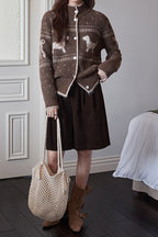 Vintage Stand Collar Puppy Print Jacquard Sweater