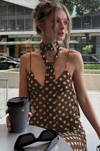 Brown Polka Dot V Neck Mesh Cami