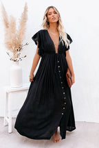 Button Front Drawstring Waist Maxi Boho Dress