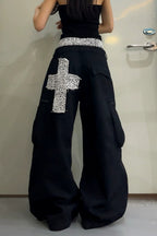 Leopard Waist Cross Patch Wide Leg Cargo Pants