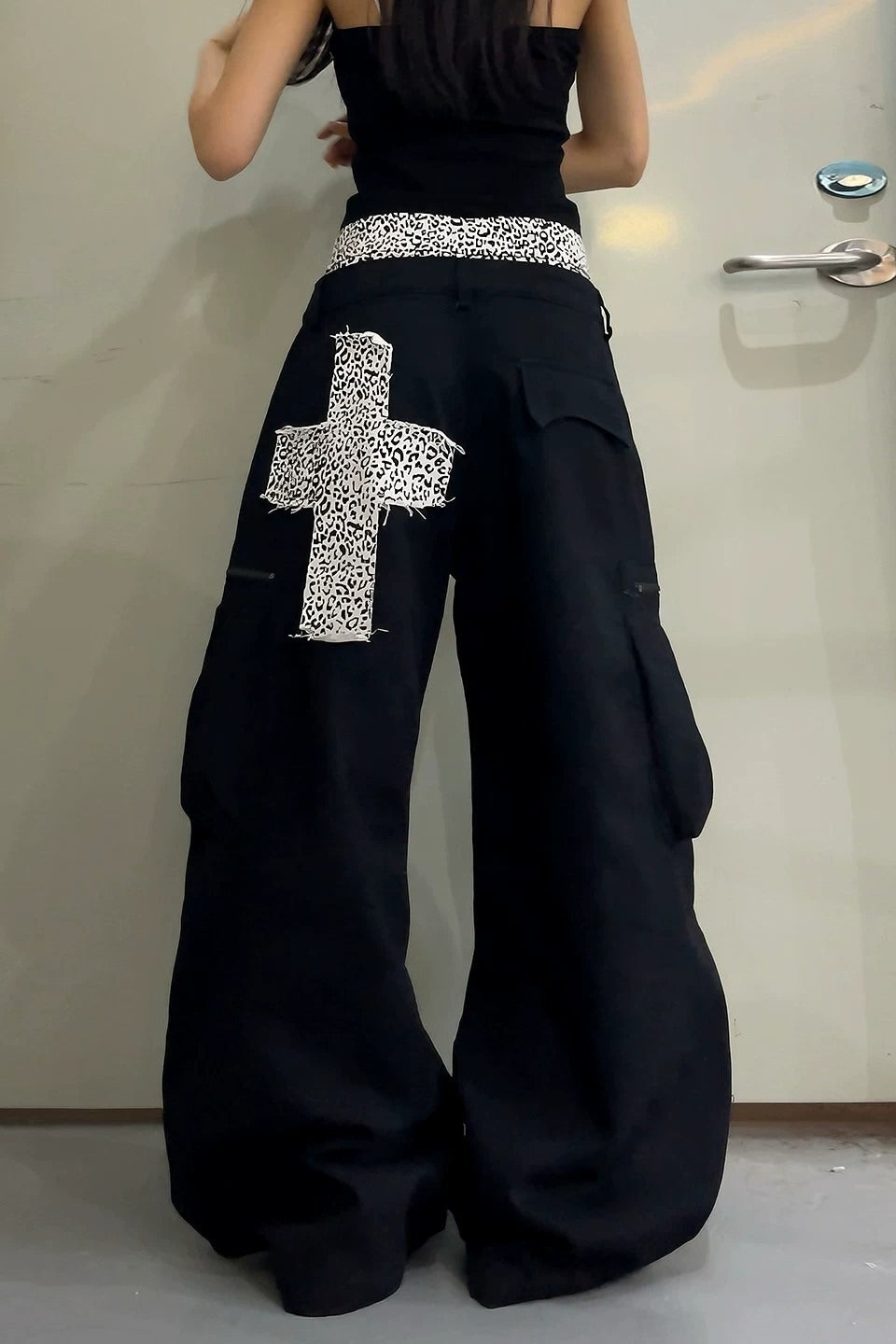Leopard Waist Cross Patch Wide Leg Cargo Pants