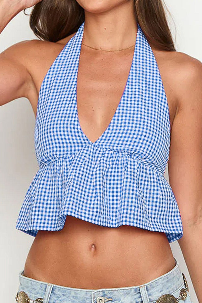 Deep V Halter Backless Checkered Halter Top Main image