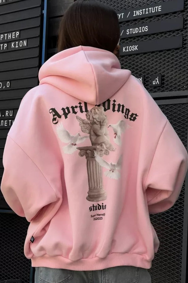 Retro Angel Dove Back Print Zip Hoodie Main image