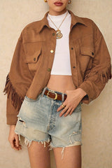 Fringe Trim Drop Shoulder Casual Jacket
