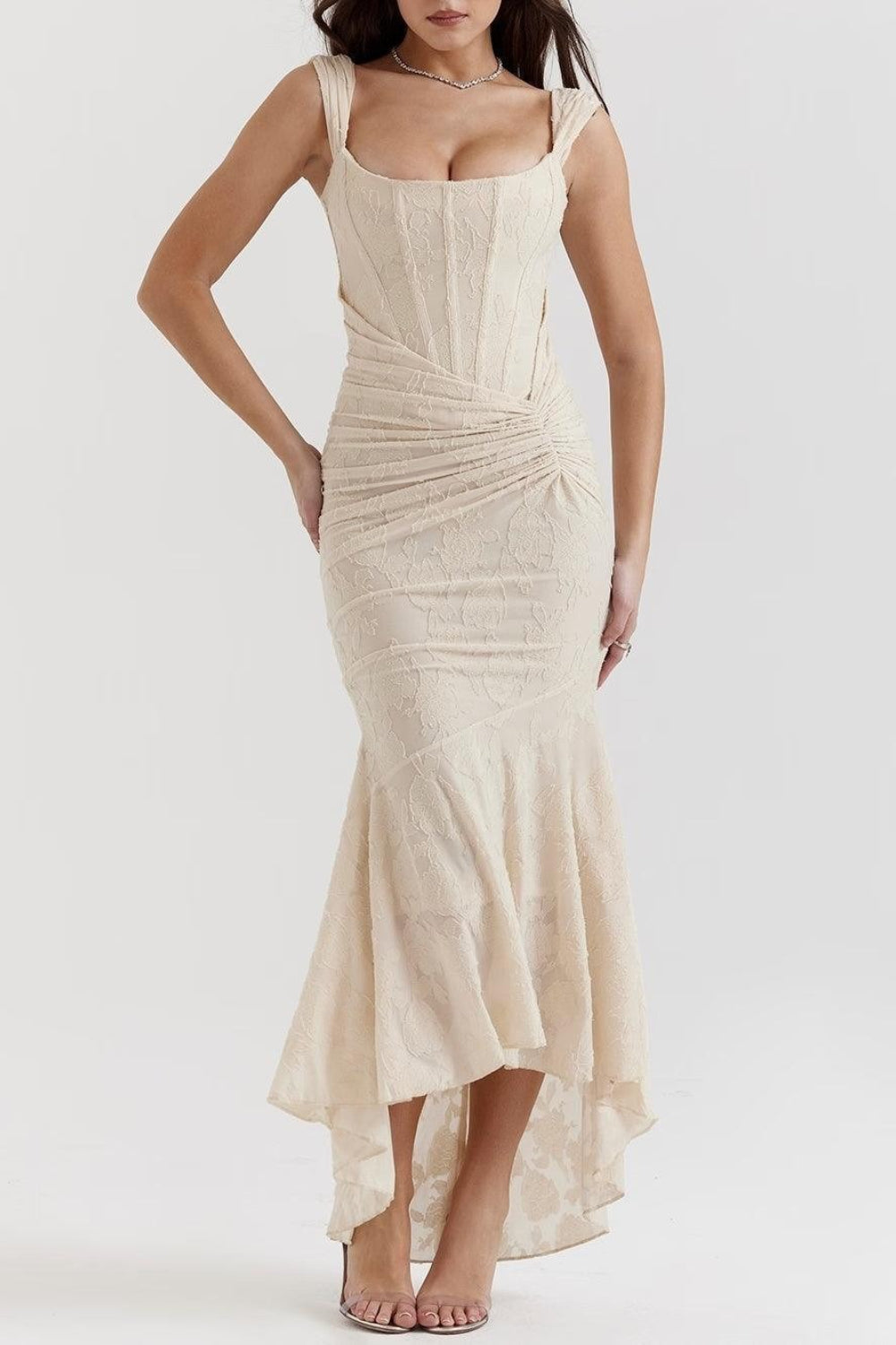 Ruched Lace Corset Asymmetric Formal Dress