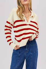 Striped Wool Collar V Neck Sweater