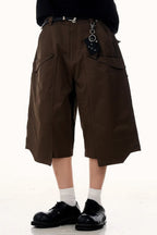 Pleated Wide Leg Cargo Bermuda Jeans