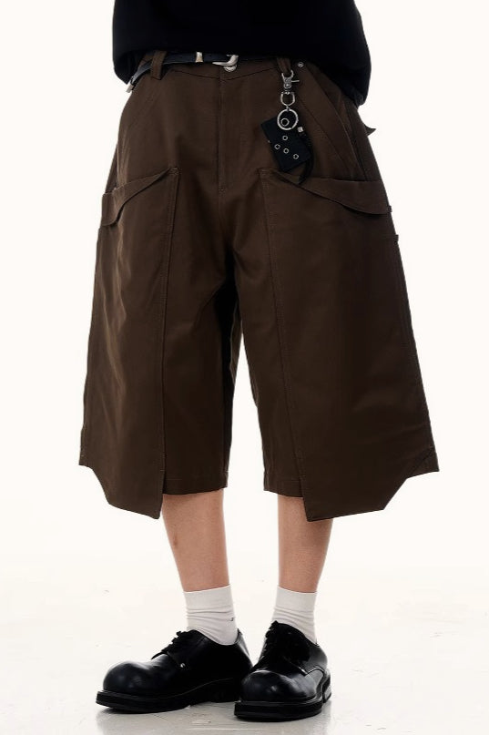 Pleated Wide Leg Cargo Bermuda Jeans