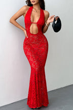 Cutout Halter Lace Slim Bodycon Floral Dress