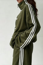 Stand Collar Suede Jacket Wide Leg Two Piece Set
