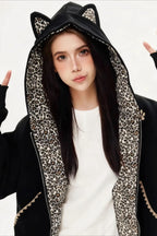 Cat Ear Leopard Lined Zip Up Hoodie