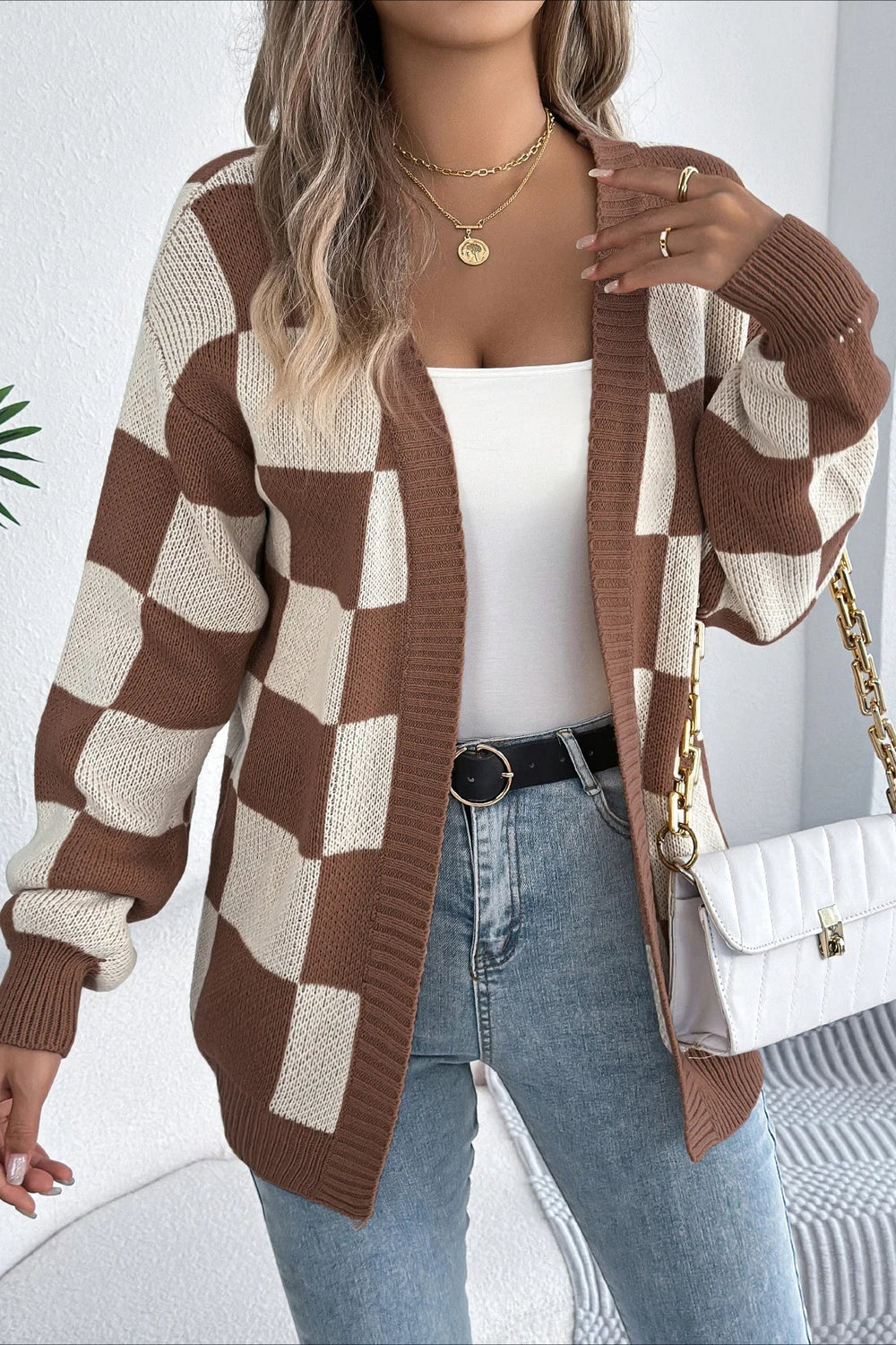 Plaid Knit Casual Loose Cardigan