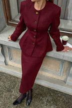 Wine Red Tie Waist Two Piece Blazer Skirt Set