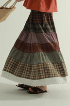 Vintage Plaid Patchwork Flared Boho Skirt