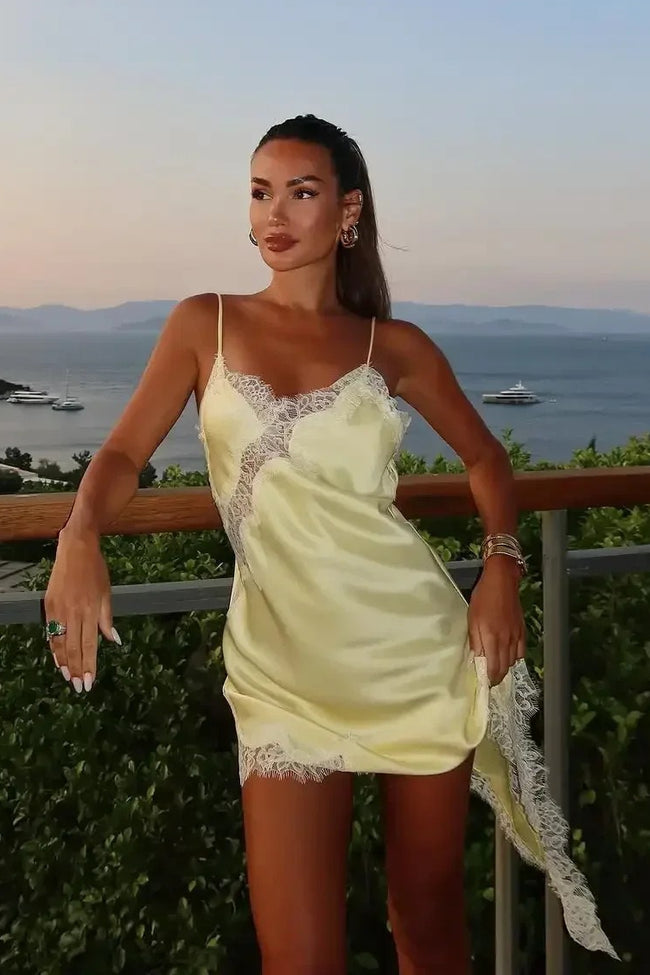 Alluring Asymmetric Lace Trim Fitted Mini Dress Main image
