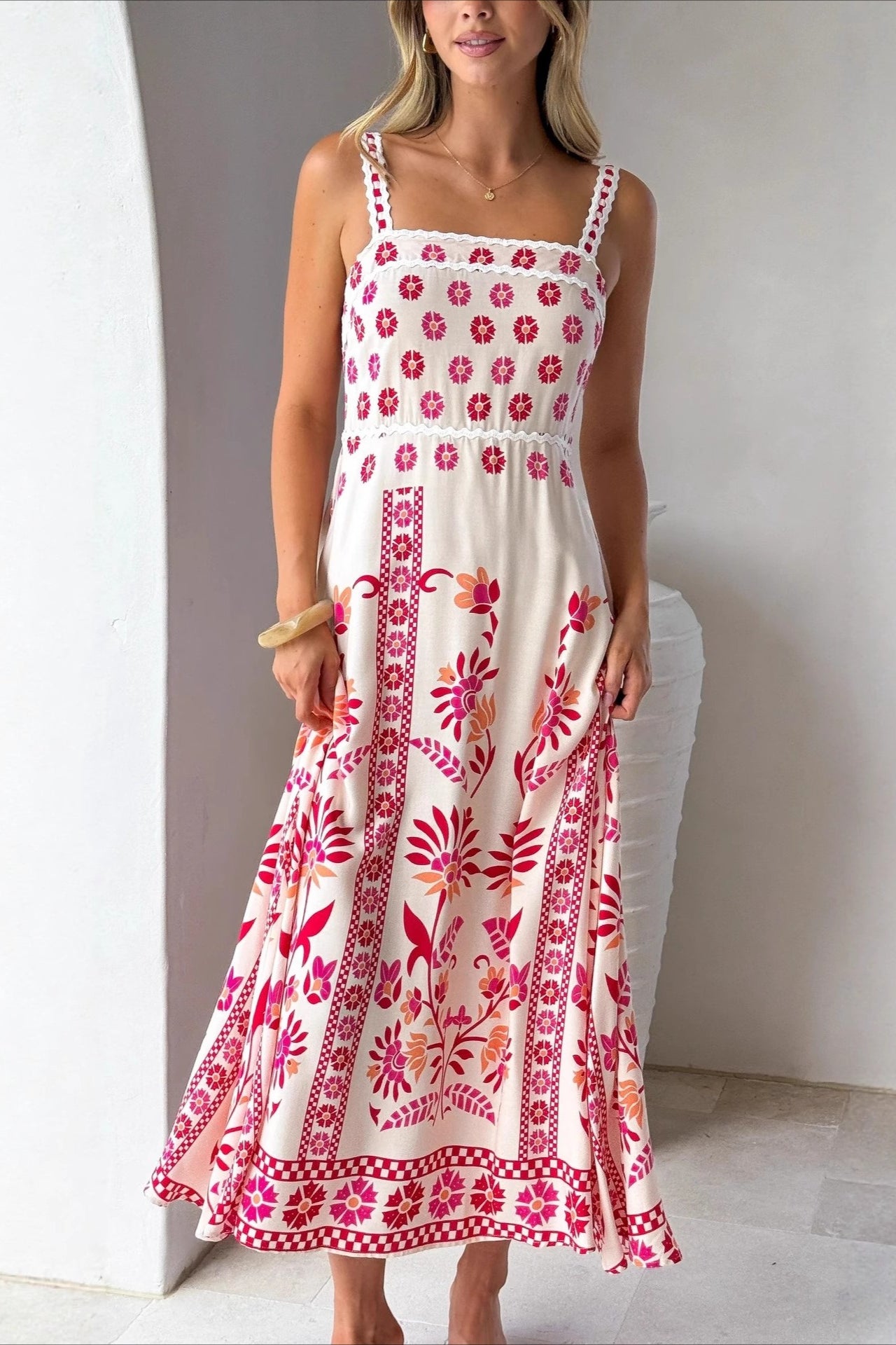 Linen Lace Trim Spaghetti Strap Boho Dress Main image