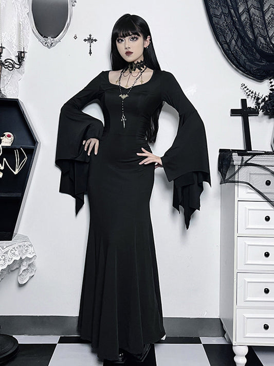 Halloween Sheath Witch Vintage Batwing Sleeve V Neck Long Formal Evening Dress