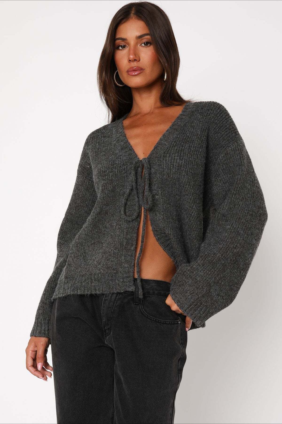 V-Neck Tie Front Knit Cardigan Sweater Secondary image