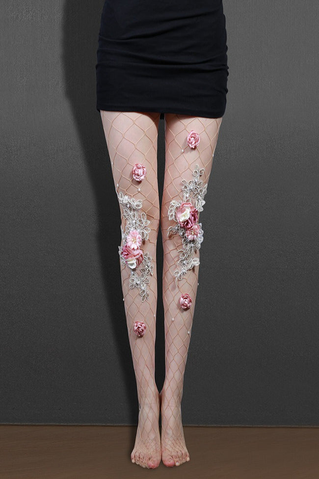 Embroidered Flower Pearl Nude Fishnet Tights Main image