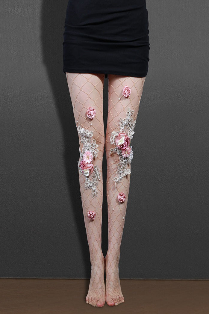 Embroidered Flower Pearl Nude Fishnet Tights Main image