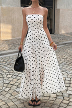 High Waist Polka Dot Strapless Slit Maxi Dress