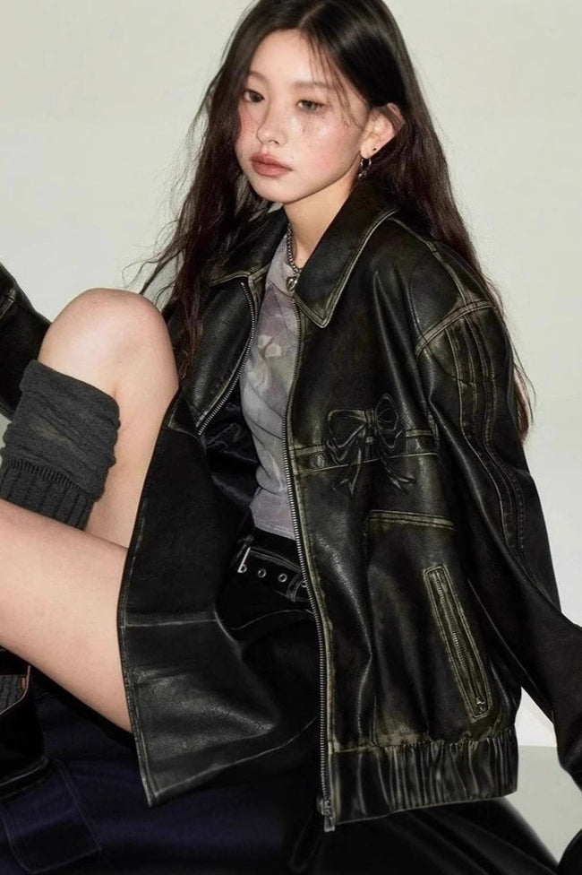 Bow Decor Faux Leather Moto Jacket Black / S Main image