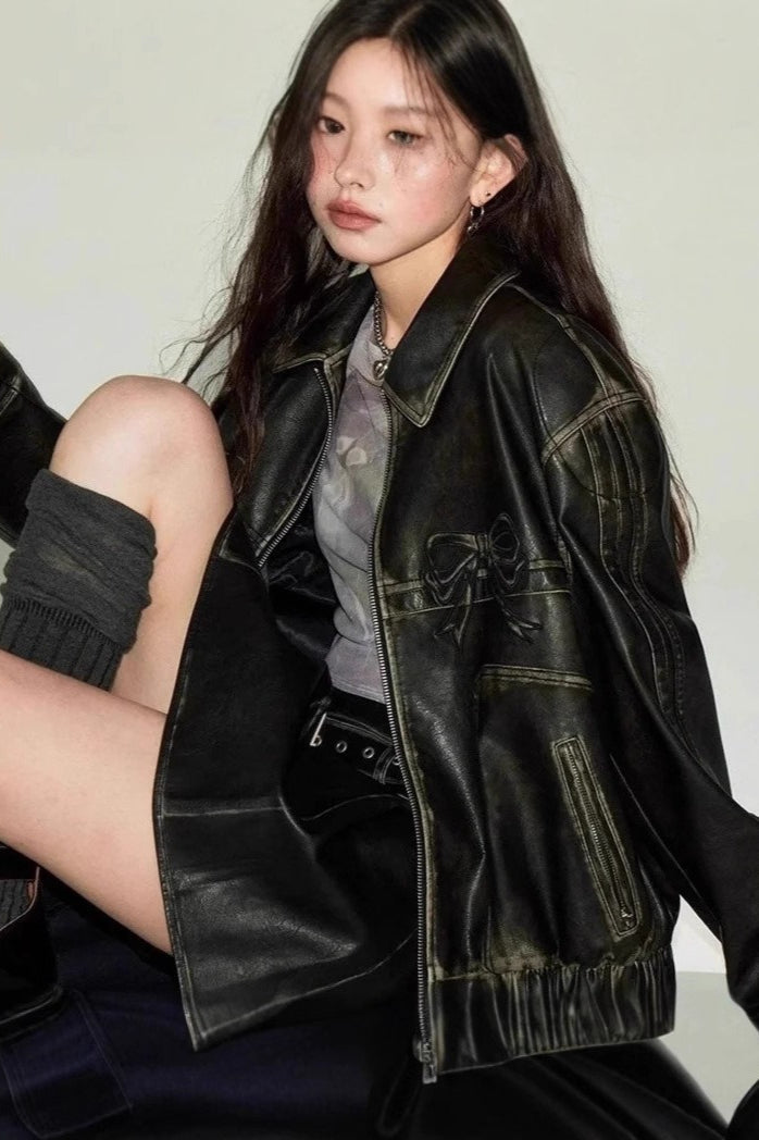 Bow Decor Faux Leather Moto Jacket Black / S Main image
