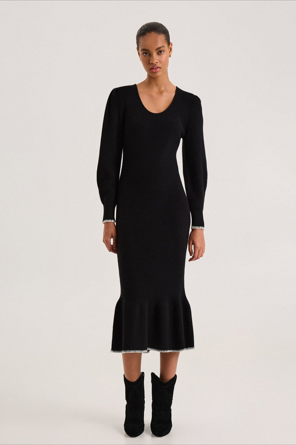 Contrast Trim Ruffle Sweater Dress S / Black