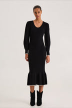 Contrast Trim Ruffle Sweater Dress S / Black
