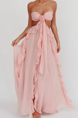 Backless Lace Up Ruffle Strapless Maxi Prom Dress