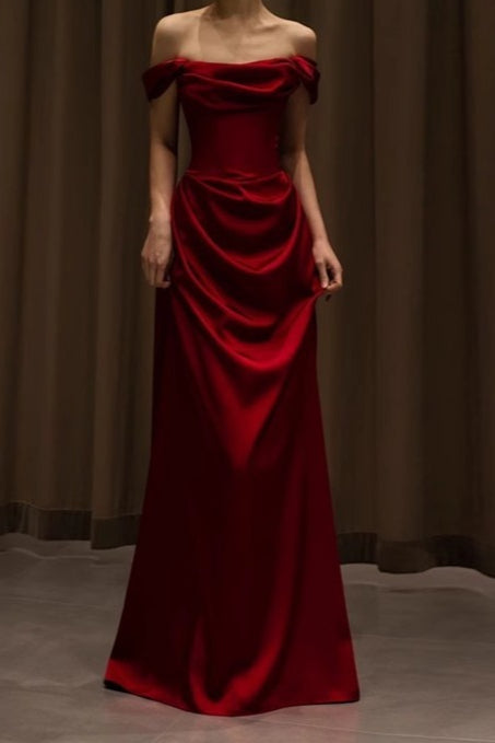 Off Shoulder Wine Red Satin Formal Dress XXS / Red Main image