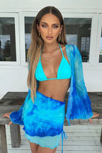Tie Dye V Neck Tie Front Mesh Flared Sleeve Top Midi Skirt Set