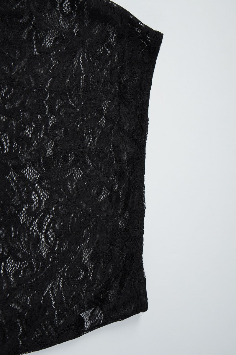 Lace Halter Backless Tie Front Crop Top Bodycon Sheer Skirt Set