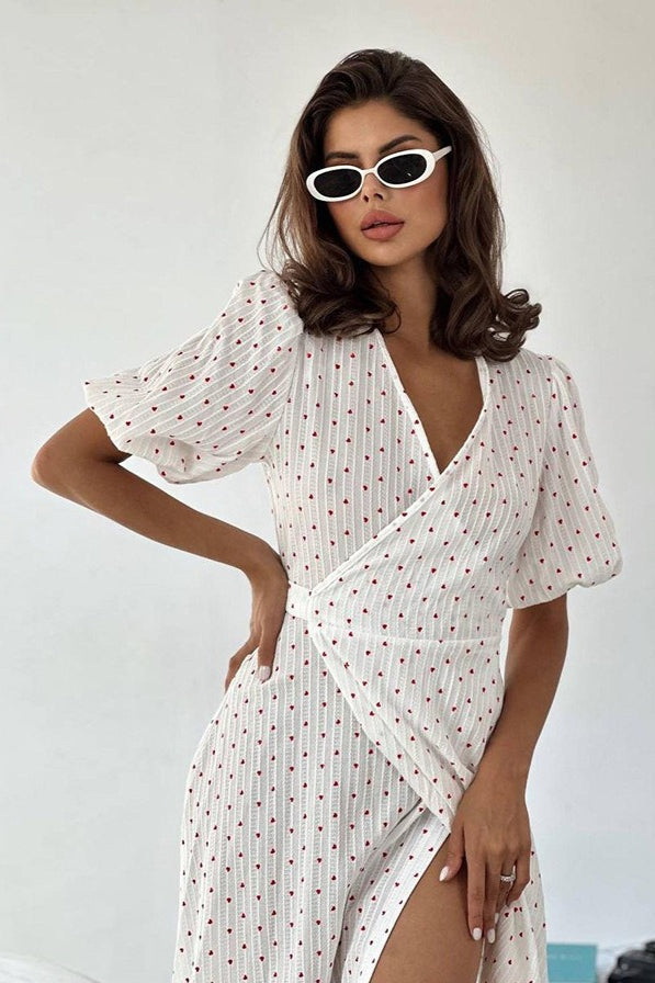 Cotton Heart Print V-Neck Wrap Maxi Dress Main image