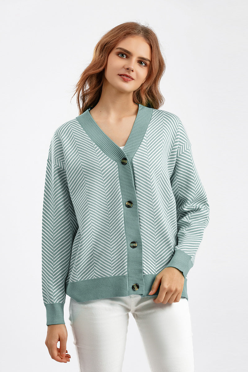 Striped V Neck Buttoned Knit Sweater One Size / Light Green