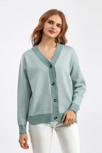 Striped V Neck Buttoned Knit Sweater One Size / Light Green
