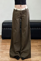Retro Contrast Waistband Colorblock Wide Leg Jeans