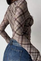Deep V Neck Plaid Bodycon Cropped Long Sleeve Tee