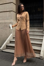 V Neck Double Breasted Knit Blazer Pleated Skirt Set