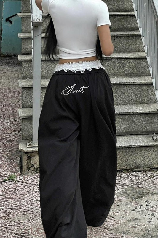 Contrast Waist Lace Trim Relaxed Long Pants Main image